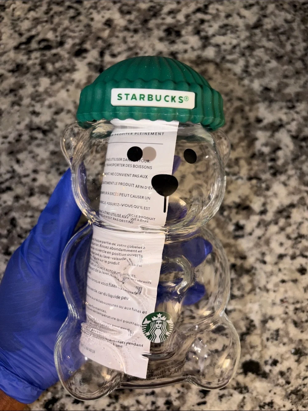 Starbucks Clear Bear-Shaped Glass Cup with Green Beanie Lid